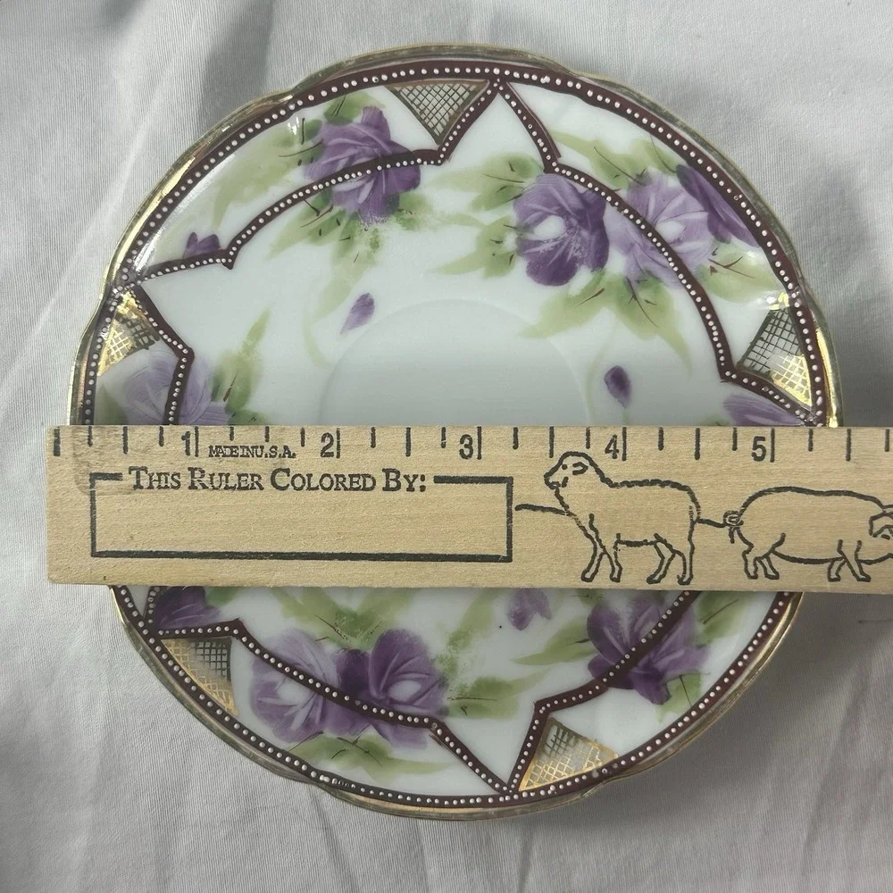 Antique‎ Nippon Hand Painted Teacup Saucer Duo Purple Rose Moriage 1911 Morimura